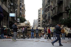 Egyptian army units block a road in Cairo, Feb. 6, 2011. Credit: IPS/Mohammed Omer