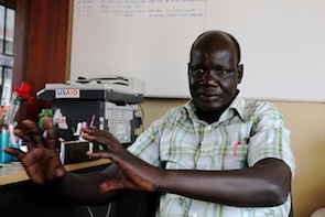 James Ninrew at his office in Juba, South Sudan.  - Jared Ferrie/IPS