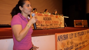 A woman from rural El Salvador testifyies at the Gender and Climate Justice hearing.  - Edgardo Ayala /IPS 