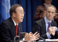Secretary-General Ban Ki-moon (left) holds his first press conference of 2011, outlining his priorities for the year. / Credit:UN Photo/Mark Garten