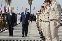 U.S. President George W. Bush and Israel�s Shimon Perez at Ben Gurion International Airport, Jan. 9, 2008.  / Credit:White House photo/Eric Draper 