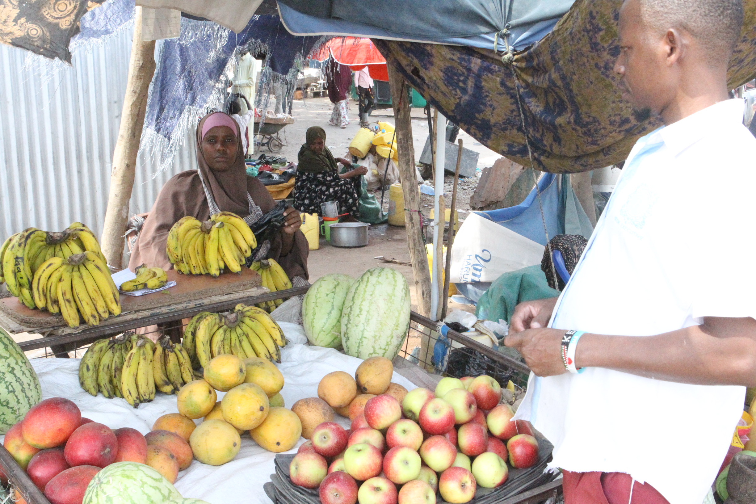 Torikauppias Hawa Hussein Farah myy hedelmiä Suuq Mugdin ulkoilmatorilla Garissassa. Äärimmäinen kuumuus pakottaa hänet sulkemaan kojunsa jopa neljä tuntia tavallista aikaisemmin, mikä leikkaa suoraan hänen tulojaan. Kuva: Chemtai Kirui/IPS