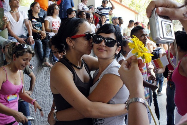Two women hugging at a Day Against Homophobia in Havana organised by the lesbian, gay, bisexual and transsexual (LGBT) community. Credit: Jorge Luis Baños/IPS