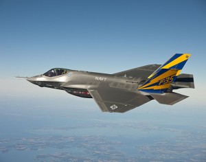 The U.S. Navy variant of the F-35 Joint Strike Fighter, the F-35C, conducts a test flight over the Chesapeake Bay. The F-35 programme includes an unusual arrangement with U.S. allies under which sales of the aircraft will begin as it is being deployed with U.S. forces. Credit: public domain