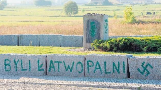The monument in memory of the Jedwabne massacre, vandalised with pro-Nazi grafitti. In 1941, in that Nazi-occupied town in Poland, 1,600 Jews were massacred by their neighbours. Credit: Courtesy Página 12