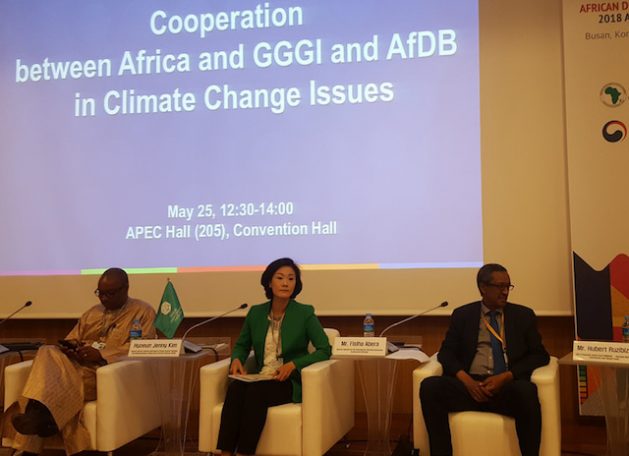 From left, Anthony Nyong, Director of Climate Change and Green Growth at AfDB, Hyoeun Jenny Kim, Deputy Director General of GGGI, Fisiha Abera, Director General of the International Financial Institutions Cooperation (Ethiopia). Credit: Ahn Miyoung/IPS
