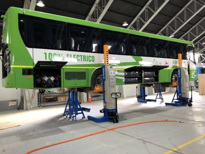 A picture of one of the electric buses on the assembly line at the Reborn plant. Each bus contains 45 percent Chilean parts, while the rest are imported from Brazil, Canada and China. CREDIT: Orlando Milesi/IPS
