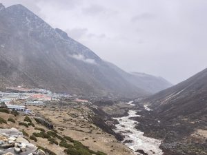 The Imja river in Khumbu region with village in the left, these rivers could experience floods if a GLOF happened. Credit: Tanka Dhakal/IPS