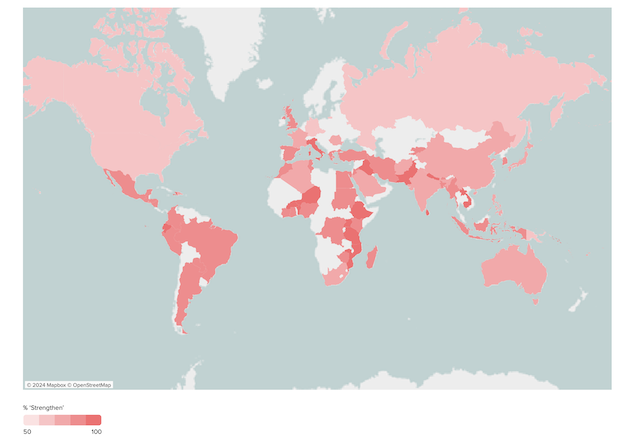 Map showing public support for stronger country climate commitments. Source: Peoples’ Climate Vote 2024