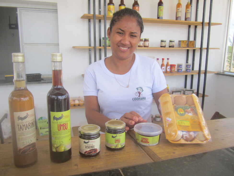 Maciela de Oliveira Silva in the shop where she sells products from the Mossoroca and Region Family Farming Cooperative, such as sweets, jellies and liqueurs made from native fruits from the so-called “grassland fund”, a collective area where farmers extract fruit, produce honey and raise goats and sheep. Credit: Mario Osava / IPS