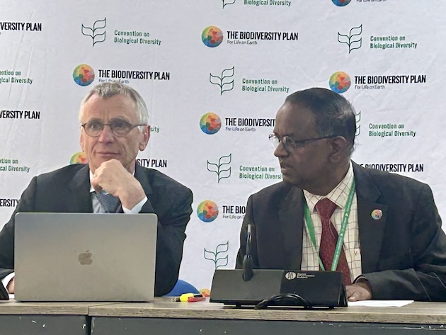 David Cooper, acting Executive Director of UN Biodiversity and Chirra Achalendar Reddy, chair of SBI-4, address the press conference. Credit: Stella Paul/IPS