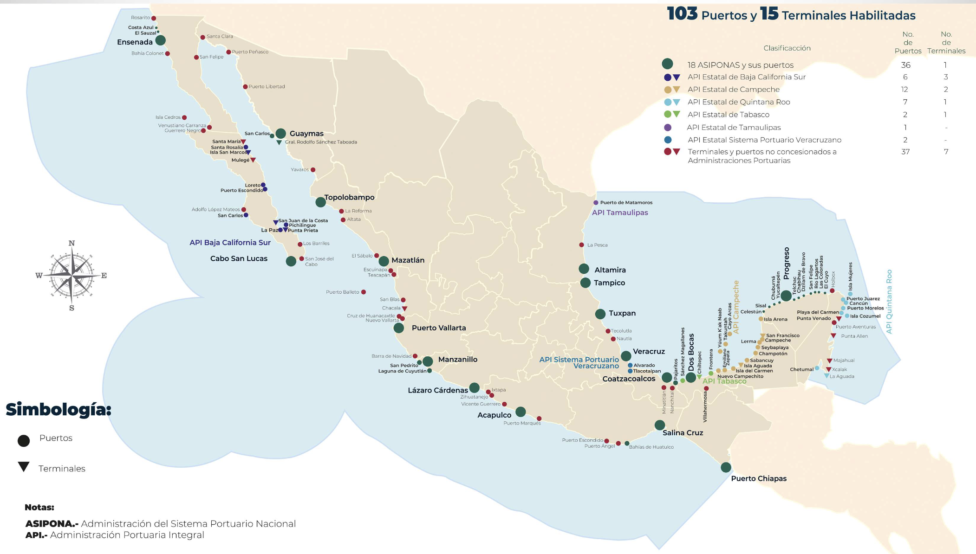 With more than 100 ports and more than 11.000 square kilometres of coastline on the Atlantic and Pacific oceans, Mexico’s trade is one of the busiest in Latin America, facing major challenges to decarbonise port operations and shipping. Infographic: Semar