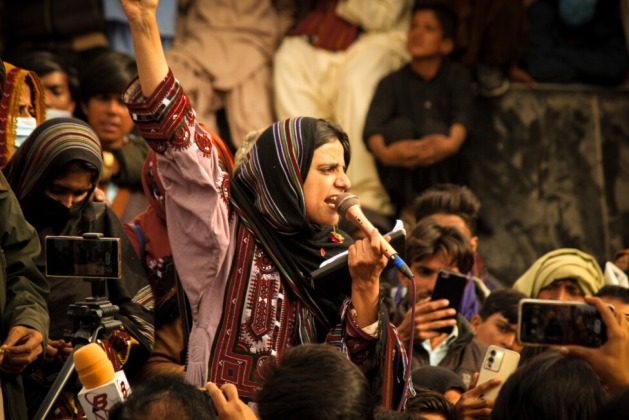Mahrang Baloch during a public appearance. The 30-year-old has emerged as a prominent figure in the Baloch movement. Credit: Mehrab Khalid/IPS