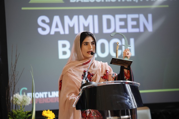 Sammi Deen Baloch in Dublin after receiving a human rights award last June. She has not heard from her father since his kidnapping in 2009. (Photo provided by SDB)